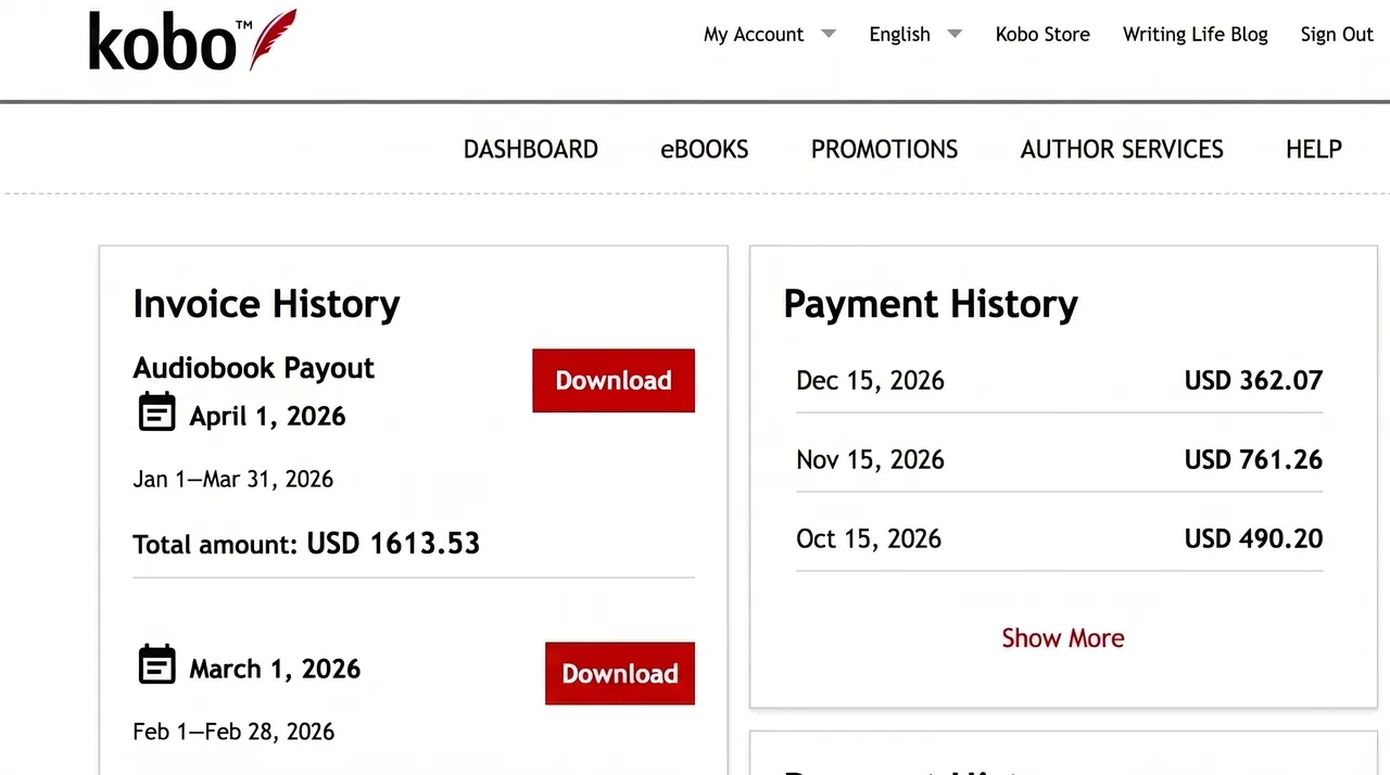 Kobo audiobook payout & payment history