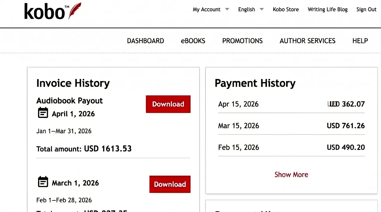Kobo audiobook payout & payment history
