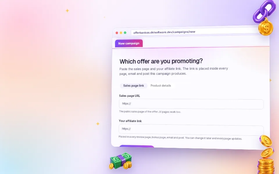 Paste a sales page URL or product details and your affiliate link